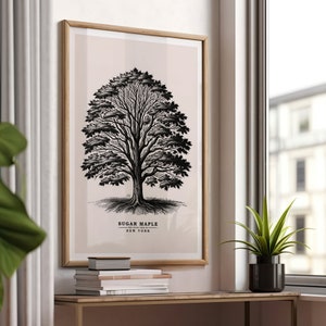 May include: A framed black and white illustration of a sugar maple tree with the text "Sugar Maple - The State Tree of New York" printed below the tree.