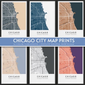 Mapa de la ciudad de Chicago / 10 variaciones de color / Impresiones de mapas de la ciudad / Descarga digital instantánea / Póster de la ciudad para pared / Regalo de mapas de la ciudad / Colección de mapas