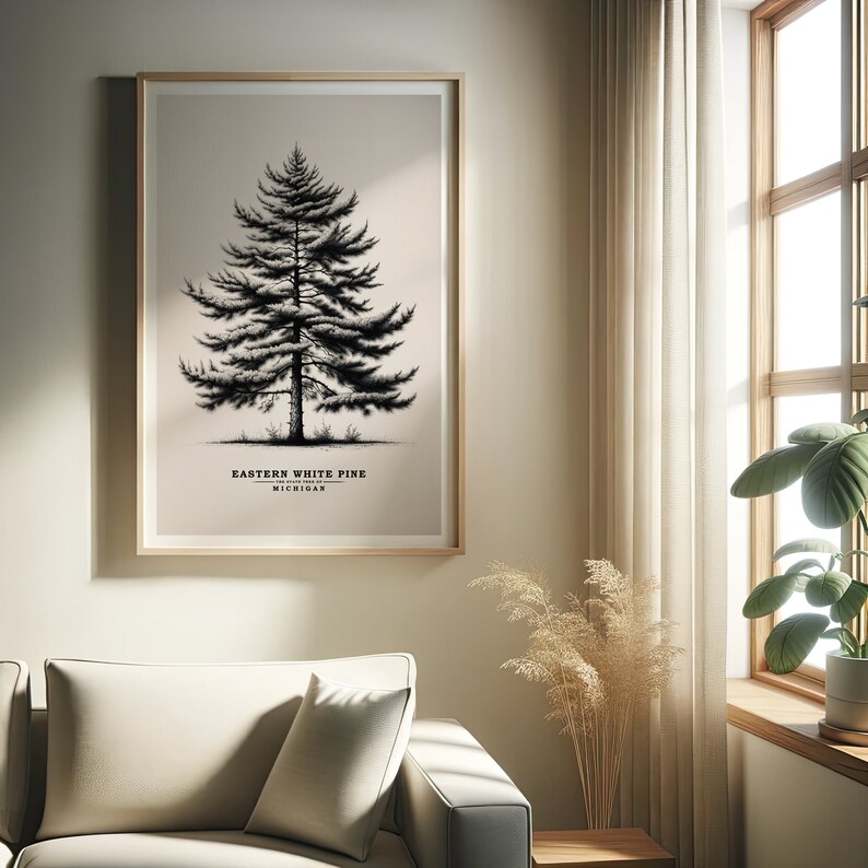 May include: A black and white illustration of an Eastern White Pine tree, the state tree of Michigan. The illustration is framed and hanging on a wall.