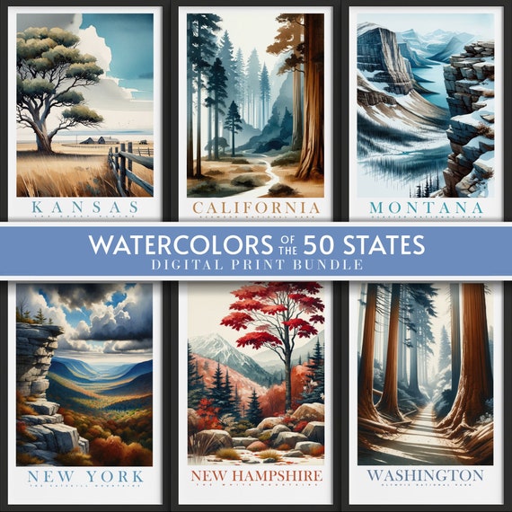 50 U.S. States - Watercolor Prints, Bundle, Print at home | Wall Art | PRINTABLE Wall Art | Digital | Instant Art, National Parks, Posters