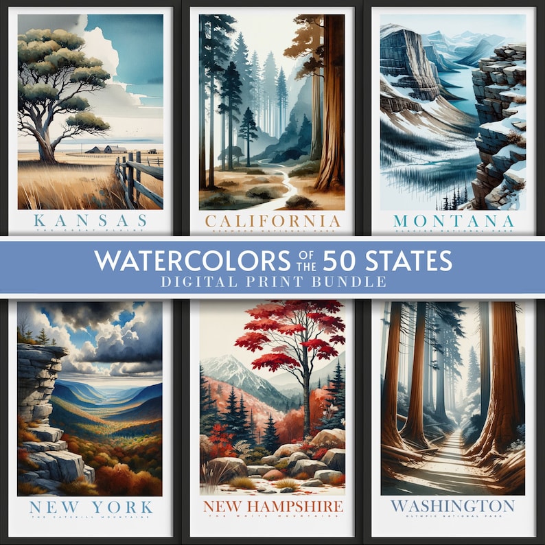 May include: Watercolor illustrations of the 50 states, each depicting a different national park. The illustrations are in a vintage style and feature a variety of landscapes, including mountains, forests, and deserts. The text "WATERCOLORS OF THE 50 STATES" and "DIGITAL PRINT BUNDLE" is displayed at the top of the image.