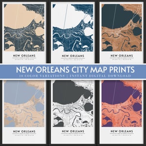 Mapa de la ciudad de Nueva Orleans / 10 variaciones de color / Impresiones de mapas de la ciudad / Descarga digital instantánea / Póster de la ciudad para pared / Regalo de mapas / Colección de mapas