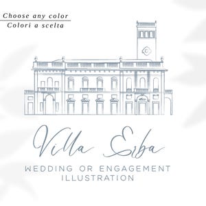 Villa Erba, Cernobbio, Lago di Como - illustrazione moderna  location per matrimonio, colori personalizzabili File digitale scaricabile.
