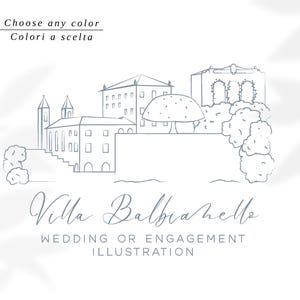 Illustrazione di Villa Balbianello, Lago di Como, disegno moderno  per partecipazioni di matrimonio  .File digitale . Colori a scelta