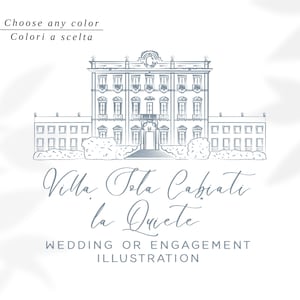 Villa Sola Cabiati, La Quiete, Lago di Como, Italia: illustrazione moderna per matrimonio, scegli il tuo colore. File digitale scaricabile.