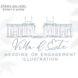 Villa d&#39;Este, Cernobbio, Lake Como, Italy venue handrawn illustration for wedding stationery, choose your color . digital download file