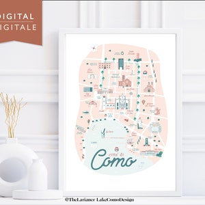 Como handgezeichnete Karte modernes digitales Poster mit Sehenswürdigkeiten und Hot Spots, auf Anfrage in jeder Farbe erhältlich, perfekt für AirBnbs oder Mieten