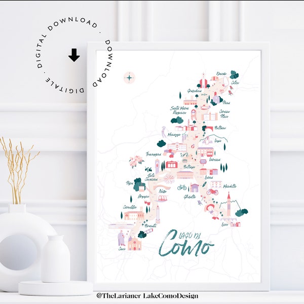 Poster Mappa Moderna del Lago di Como - Estetica Contemporanea Lilla e Rosa | Decorare la Tua Casa sul Lago, B&B, Hotel, Affitto Vacanze