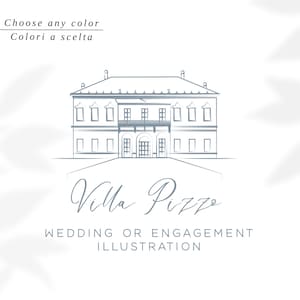 Villa Pizzo, Cernobbio, Lago di Como: illustrazione della location per partecipazioni di nozze, personalizzabile nei colori. File digitale
