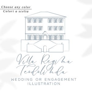 Villa Regina Teodolinda,  Lago di Como, disegno da utilizzare per la grafica di partecipazioni di nozze. Colori personalizzabili a scelta
