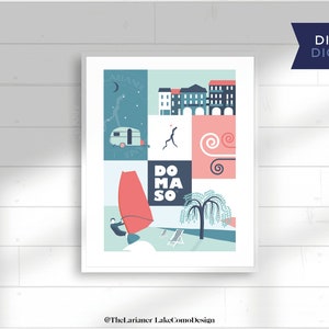 Domaso, illustrazione digitale stile cartolina . Paese sul lago di Como . Design minimal vintage . Vacanza nel paradiso degli sport d'acqua