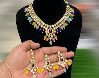 Multicolor jadau Kundan Polki Necklace Kundan Necklace with earring and Tikka Punjabi  Indian Jewelry Indian Choker Set Pakistani Jewelry