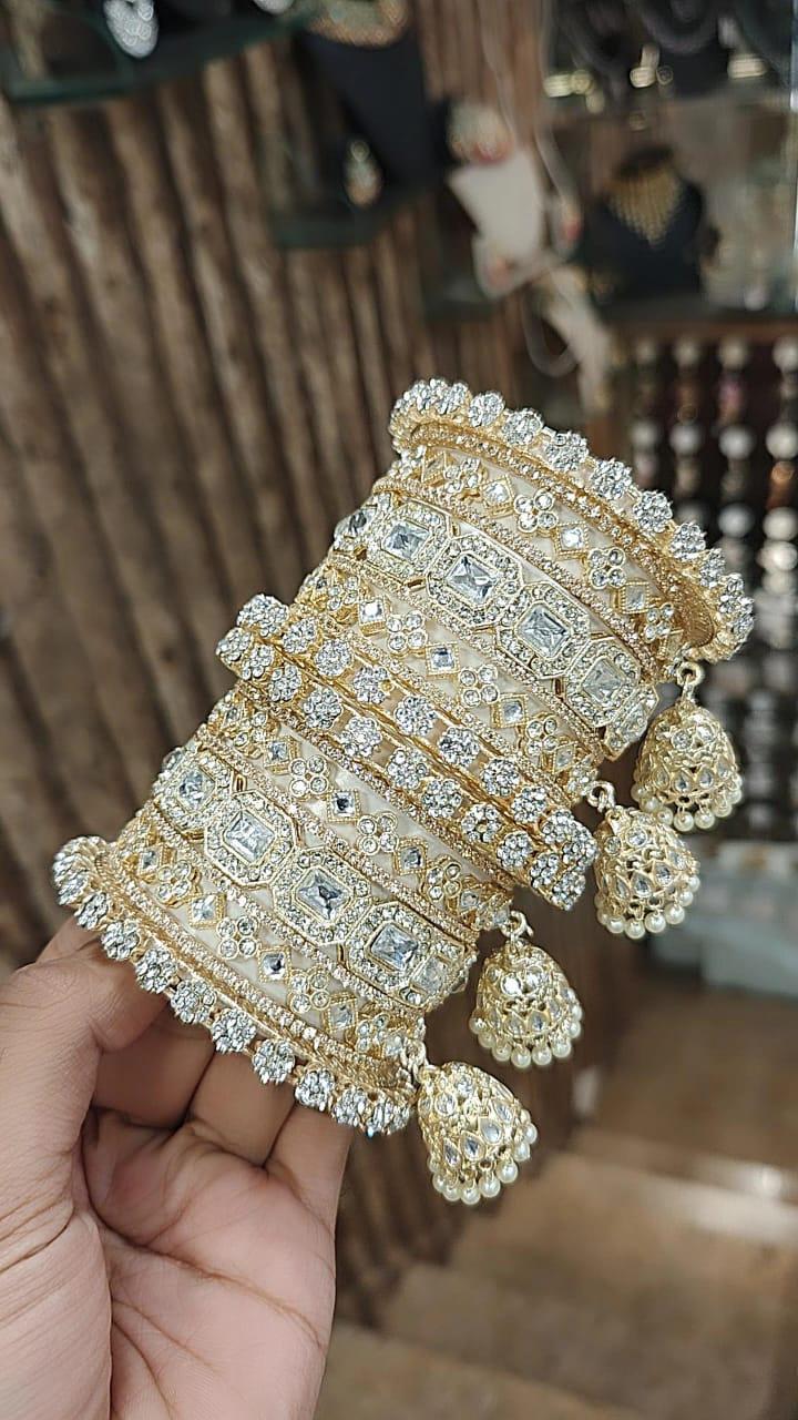 Gold Uncut Kundan american Diamond Bangles Set Golden Stone Indian Asian bangles with jhumki Wedding bangles Bridal bangles