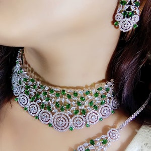 Green Faux Diamond Choker Set - Exquisite Indian Bridal Jewelry with Premium CZ Diamond Necklace, Earrings, and Kundan - Ideal for Weddings