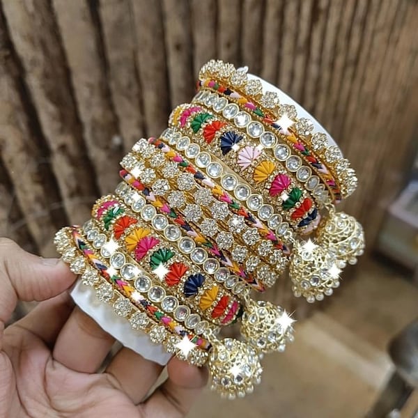 Jadau Kundan  Bangles Set of 2 ,  Golden Stone Indian Asian bangles with jhumki, Wedding bangles, Indian jewelry, Bridal bangles