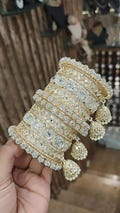 Gold Uncut Kundan american Diamond  Bangles Set ,  Golden Stone Indian Asian bangles with jhumki, Wedding bangles, Bridal bangles