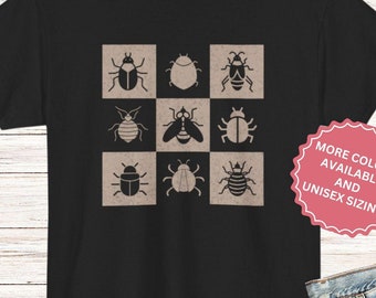 Koszulka z motywem owadów w kratkę retro, koszulka z entomologią, koszulka z owadami goblincore, koszulka z przyszłym entomologiem, prezent dla miłośnika natury chrząszcza, koszulka zoologiczna