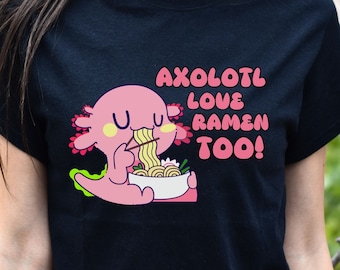 ラーメンを食べるかわいいウーパールーパーのTシャツ、麺好き両生類ウーパールーパーのおもしろTシャツ、彼女への誕生日プレゼント、日本のかわいいトレンドグラフィックTシャツ
