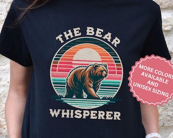 Retro solnedgångsbjörn-tröja, söt bästa vän-t-shirt, mors dag-present 2025 för naturälskare, friluftsentusiast, djurliv-t-shirt, vandringströja