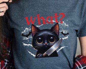 Shirt grappige zwarte kat met mes, T-shirt moorddadige kat wat, T-shirt Halloween kat 2025, T-shirt kattenmoeder, Crazy Cat Lady Spooky Season Gift