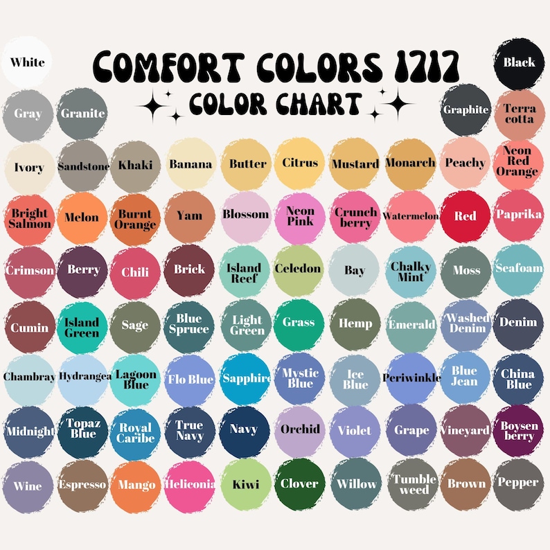 May include: A color chart titled "Comfort Colors 1212 Color Chart" featuring a variety of colors. The chart includes shades like white, black, gray, and a range of other colors, each labeled with its name.