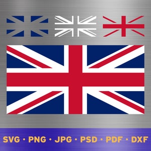 Puede incluir: Una descarga digital de un gráfico vectorial con la bandera de la Unión Jack del Reino Unido. La bandera es roja, blanca y azul con una cruz en el centro. El gráfico está disponible en los formatos SVG, PNG, JPG, PSD, PDF y DXF.
