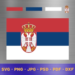 Könnte beinhalten: Die serbische Flagge mit horizontalen Streifen in Rot, Blau und Weiß und dem serbischen Wappen. Das Wappen zeigt einen doppelköpfigen Adler und eine Krone. Dateitypoptionen werden unten angezeigt.