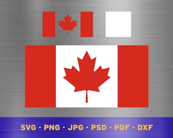 Puede incluir: Una bandera canadiense roja y blanca con una hoja de arce roja en el centro. La bandera está sobre un fondo de metal cepillado.