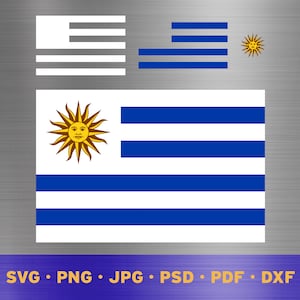 Puede incluir: La bandera de Uruguay, con un campo blanco y nueve franjas azules y blancas alternas, y un sol dorado en la esquina superior izquierda. Se muestran diseños de banderas adicionales arriba. La imagen incluye el texto "SVG • PNG • JPG • PSD • PDF • DXF".