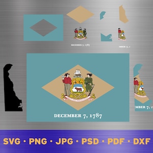 May include: The state flag of Delaware, featuring a diamond-shaped design with a tan background and a blue border. The diamond contains a red and gold crest with a farmer holding a plow, a sheaf of wheat, and a white ox. The text "DECEMBER 7, 1787" is displayed below the diamond.