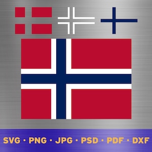 May include: A digital file for a red, white, and blue flag of Norway. The flag is a simple design with a red field and a blue cross that extends to the edges of the flag. The cross has a white border. The file is available in SVG, PNG, JPG, PSD, PDF, and DXF formats.