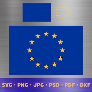 May include: A blue flag with a circle of 12 yellow stars. The flag is a symbol of the European Union.