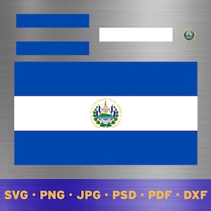 May include: The flag of El Salvador, a horizontal tricolour of blue, white, and blue with the national coat of arms in the center. The coat of arms features a shield with a volcano, a rainbow, and a sun. The text "REPUBLICA DE EL SALVADOR EN LA AMERICA CENTRAL" is written around the shield.