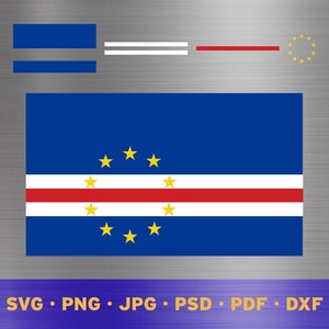 May include: A digital download of a vector graphic featuring the flag of Cape Verde. The flag is blue with a red stripe and ten yellow stars.
