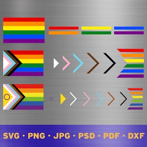 May include: Three variations of the Pride flag, including the traditional rainbow flag, the Progress Pride flag, and the Philadelphia Pride flag. Each flag is shown with a series of arrows pointing to the right, indicating the evolution of the flag.