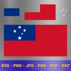 May include: The flag of Samoa, a red and blue rectangle with five white stars in the blue portion. The flag is on a silver background with the text "SVG, PNG, JPG, PSD, PDF, DXF" at the bottom.