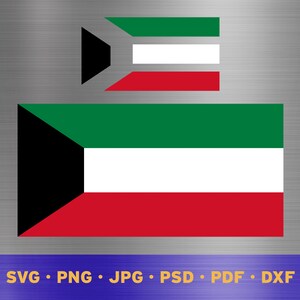 May include: A digital file of the flag of Kuwait. The flag is green, white, and red with a black triangle in the top left corner. The flag is available in SVG, PNG, JPG, PSD, PDF, and DXF formats.