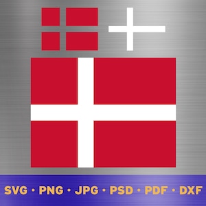 Pode incluir: Um design digital que apresenta uma bandeira dinamarquesa vermelha e branca com um sinal de mais branco no topo. O design é perfeito para criar artesanato, logotipos ou outros projetos.