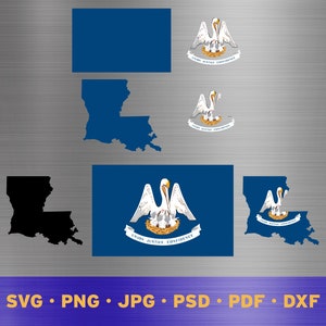 May include: A digital download of a Louisiana state outline, flag, and silhouette in black and white. The flag features a white pelican with a yellow beak and legs, and the text "Union, Justice, Confidence".