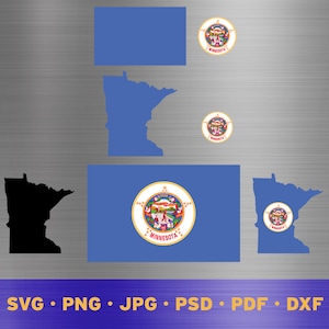 May include: A set of digital cut files for crafting projects featuring the state of Minnesota. The set includes a black and white outline of the state, a blue filled-in state, a blue state with the state seal, and a blue state flag with the state seal. The files are available in SVG, PNG, JPG, PSD, PDF, and DXF formats.