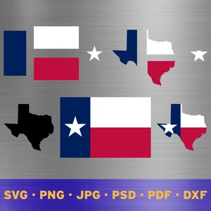 May include: A set of Texas state flag designs in various formats. The designs include a traditional flag, a silhouette of the state, and a star. The designs are available in SVG, PNG, JPG, PSD, PDF, and DXF formats.