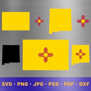 May include: A set of five digital cut files featuring the state of New Mexico. The files include the state outline, the state flag, and the state symbol. The files are available in SVG, PNG, JPG, PSD, PDF, and DXF formats.