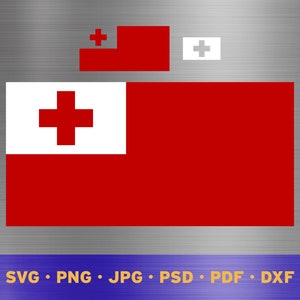 May include: The flag of Tonga, a red flag with a white cross in the upper left corner and a smaller white cross in the upper right corner.