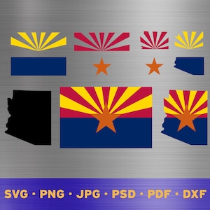 May include: A set of digital cut files featuring the Arizona state flag in various formats, including the full flag, the sunburst, the star, and the state outline. The files are available in SVG, PNG, JPG, PSD, PDF, and DXF formats.