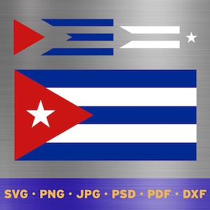 以下が含まれることがあります： キューバの国旗を特徴とするベクターグラフィックのデジタルダウンロード。旗は、中央に白いストライプがあり、左上に白い星のある赤い三角形のある青い長方形です。旗には、キューバの国のシンボルである星がスタイリッシュに表現されています。