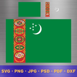 Puede incluir: La bandera de Turkmenistán tiene un fondo verde con un borde rojo. El borde está decorado con patrones tradicionales turcomanos. Una luna creciente blanca y cinco estrellas blancas están centradas en el campo verde.