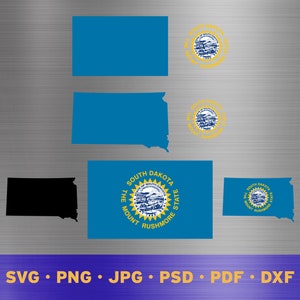 Può includere: Un set di file di taglio digitale per il contorno dello stato del Dakota del Sud, il sigillo e la bandiera. I file sono disponibili nei formati SVG, PNG, JPG, PSD, PDF e DXF. La bandiera presenta uno sfondo blu con un sole giallo e un sigillo dorato con le parole "The Mount Rushmore State" e "Great Seal of South Dakota".