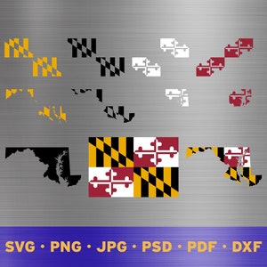May include: A collection of Maryland state flag designs in various colors, including black, white, yellow, and red. The designs include the state outline and the flag's cross and checkerboard patterns. The bottom of the image displays file type options: SVG, PNG, JPG, PSD, PDF, and DXF.