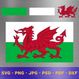 May include: A red dragon with a white background and a green stripe at the bottom. The dragon is the national symbol of Wales.