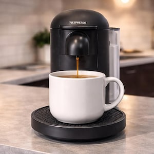 May include: A black Nespresso coffee machine dispensing coffee into a white mug. The mug sits on a black coaster. The machine is on a countertop in a kitchen setting.